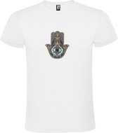 Wit T-shirt met Hamsa Hand in Blauw, Bruin en Beige kleuren size L