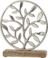 Decoratie levensboom rond van aluminium op houten voet 25 cm zilver - Tree of life