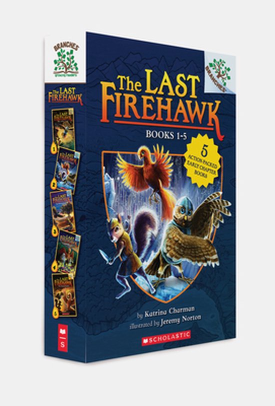 Boekenset 'The Last Firehawk', boeken 1-5. Met een vogel, eekhoorn en uil op de voorkant.