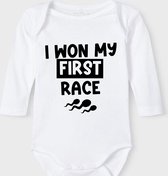 Baby Rompertje met tekst 'I won my first race' |Lange mouw l | wit zwart | maat 50/56 | cadeau | Kraamcadeau | Kraamkado