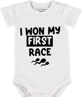 Baby Rompertje met tekst 'I won my first race' | Korte mouw l | wit zwart | maat 62/68 | cadeau | Kraamcadeau | Kraamkado