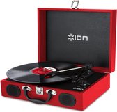 ION Audio Vinyl Transport - Draaitafel/vinyl platenspeler met ingebouwde luidsprekers, drie afspeelsnelheden, kofferstyling en auto-stop, standaard, rood