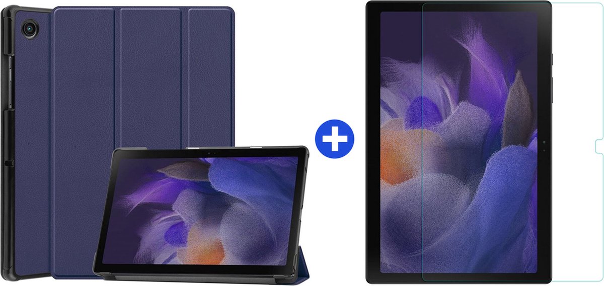 Hoes Geschikt voor Samsung Galaxy Tab A8 (2021/2022) Tri-Fold tablethoes + tempered glass screenprotector - Donker Blauw