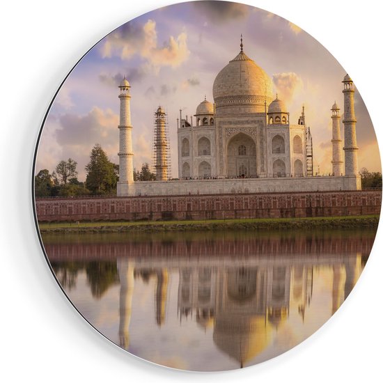 Artaza Dibond Muurcirkel Taj Mahal bij het Water in India - Ø 70 cm - Wandcirkel - Rond Schilderij - Voor Binnen en Buiten