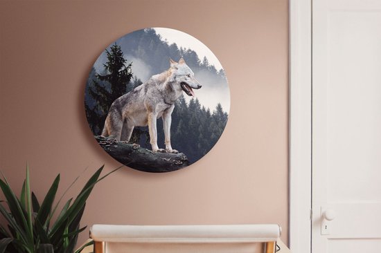 Artaza Dibond Cercle Mural Loup Gris Dans Les Forêts - Ø 70 cm - Cercle Mural - Tableau Rond - Pour Intérieur et Extérieur