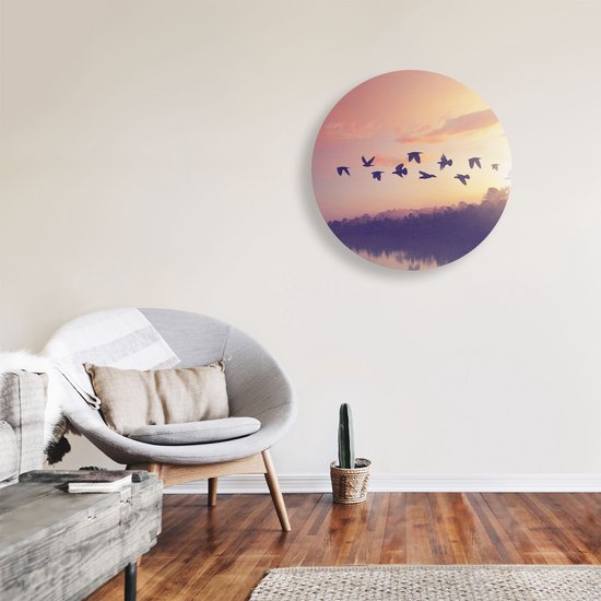 Cercle Mural Artaza Dibond - Silhouette Vogels Au Coucher Du Soleil - Ø 70 cm - Cercle Mural - Tableau Rond - Pour Intérieur et Extérieur