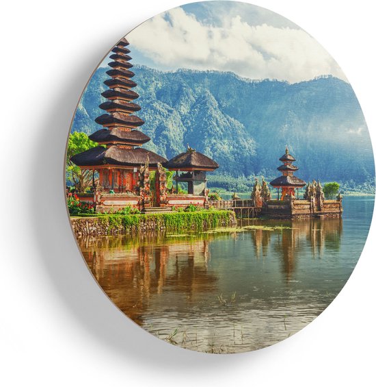 Artaza Houten Muurcirkel - Pura Tempel in Bali op het meer Beratan - Ø 75 cm - Multiplex Wandcirkel - Rond Schilderij