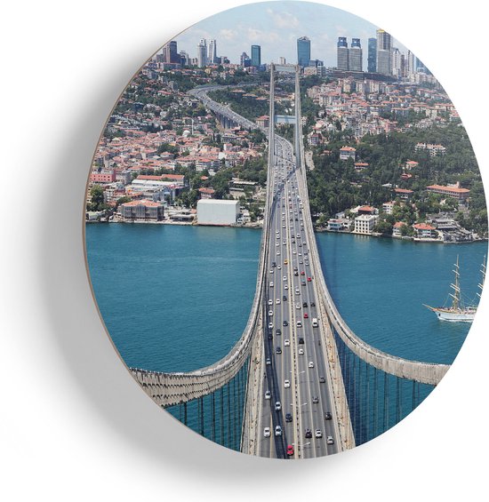 Artaza Houten Muurcirkel - Istanbul Bosporus Brug Vanaf Boven - Ø 90 cm - Groot - Multiplex Wandcirkel - Rond Schilderij