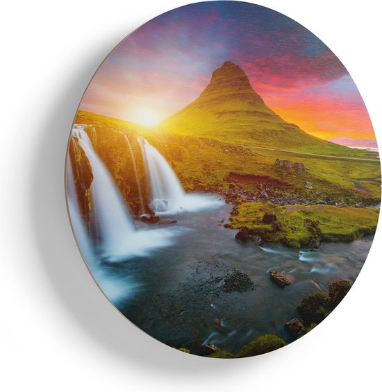 Cercle Mural en Bois Artaza - Cascade Sur Un Volcan Avec Coucher De Soleil - Ø 80 cm - Groot - Cercle Mural en Contreplaqué - Tableau Rond