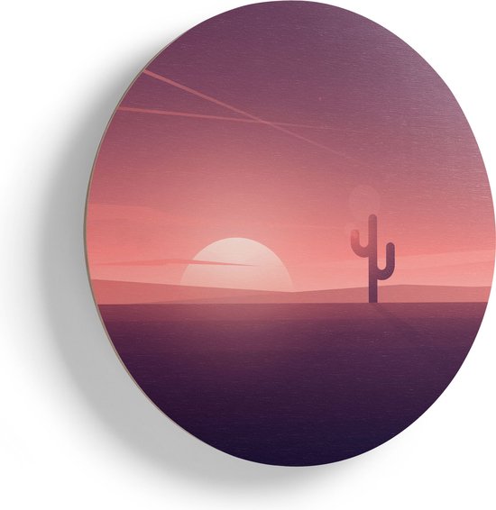 Artaza Houten Muurcirkel - Zonsondergang In De Woestijn Met Een Cactus - Ø 60 cm - Multiplex Wandcirkel - Rond Schilderij
