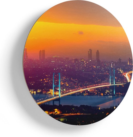 Artaza Houten Muurcirkel - Bosporusbrug In Istanbul Bij Zonsondergang - Ø 55 cm - Multiplex Wandcirkel - Rond Schilderij