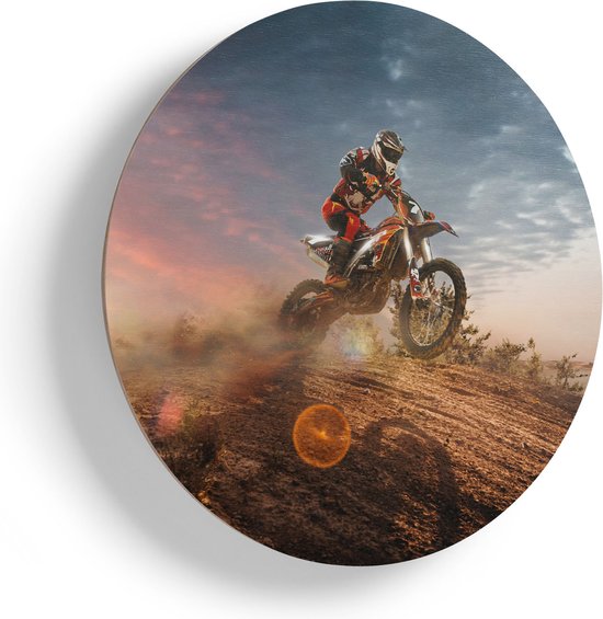 Artaza Houten Muurcirkel - Motorcross Op Een Heuvel Bij Zonsondergang - Ø 45 cm - Klein - Multiplex Wandcirkel - Rond Schilderij