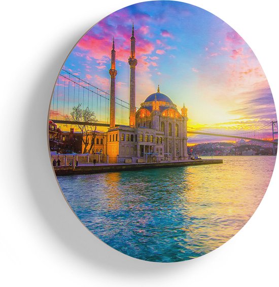 Artaza Houten Muurcirkel - Kleurrijke Ortakoy Moskee In Instanbul - Ø 40 cm - Klein - Multiplex Wandcirkel - Rond Schilderij