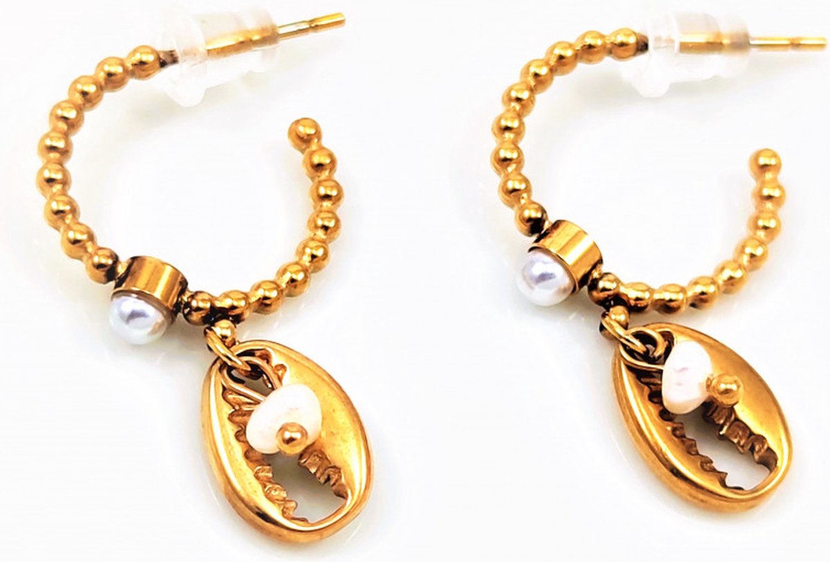 Dottilove Ø15mm Oorbellen - Dames Oorringen - Ball Design - Schelp - Parels - RVS Gold Plated