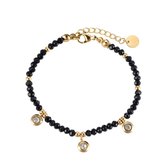 Zwarte kraal armband - Drie ronde diamanten ontwerp - goud - minimalistisch - 14K Goud verguld - Dottilove