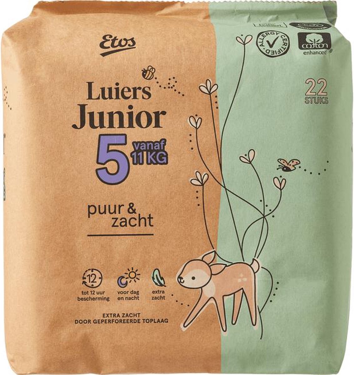 Goedkoopste Etos Luiers Puur & Zacht - maat 5 (11 kg) - 66 stuks (3x22