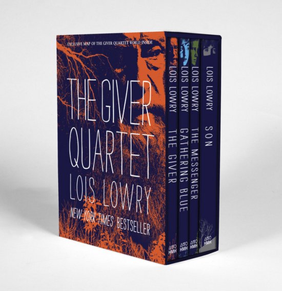 Box set van de Giver Quartet boeken van Lois Lowry, met een gedetailleerde omslag van de wereld van Giver.