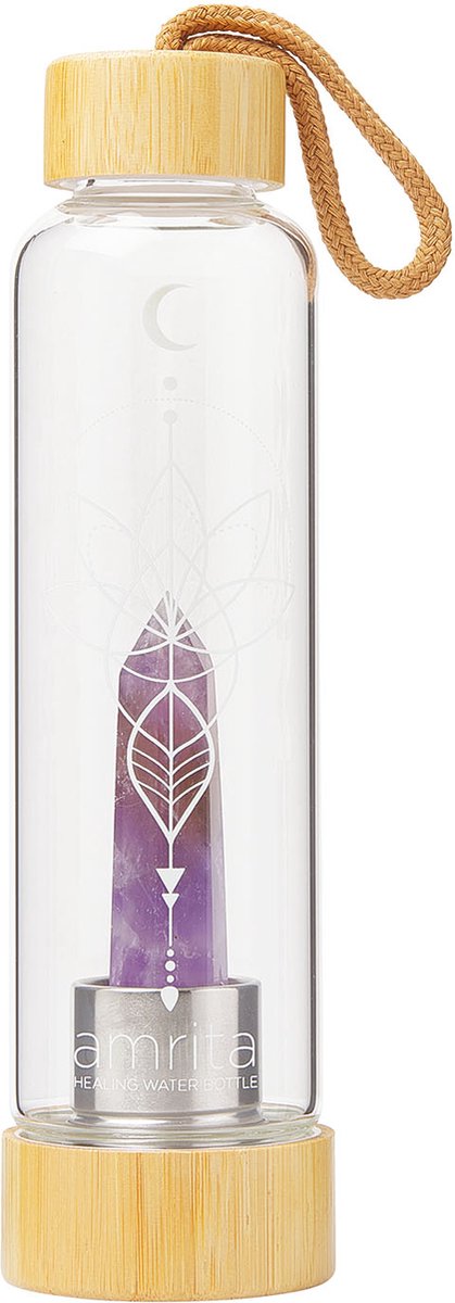 Harmony Crystal® - Duurzame glazen waterfles met kristal - Amethist - Bamboe - 500 ml Drinkfles Edelsteen