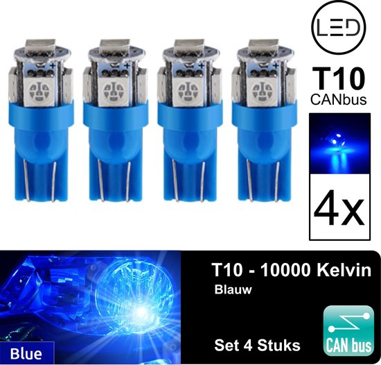 T10 Led Lamp Blauw 10000k (Set 4 stuks) Canbus 5W5 | W5W | 5 LED | Blue |  Led Signal... | bol.com
