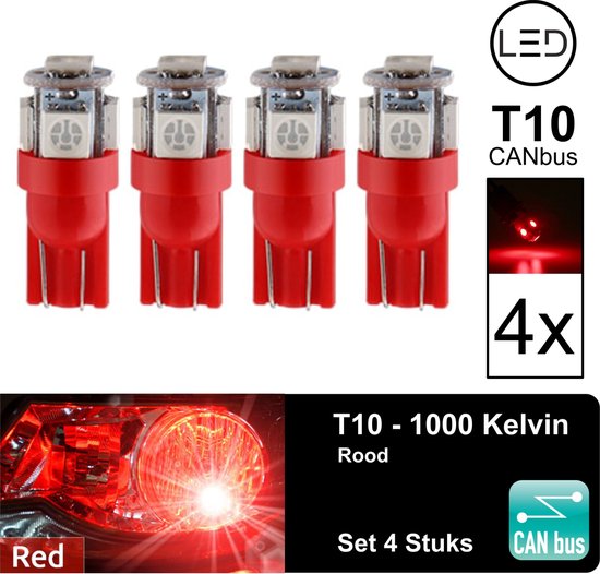 bak rechtdoor Mechanisch T10 Led Lamp Rood 1000k (Set 4 stuks) Canbus 5W5 | W5W | 5 LED | RED | Led  Signal... | bol.com