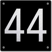 Huisnummerbord - huisnummer 44 - zwart - 12 x 12 cm - rvs look - schroeven - naambordje - nummerbord  - voordeur