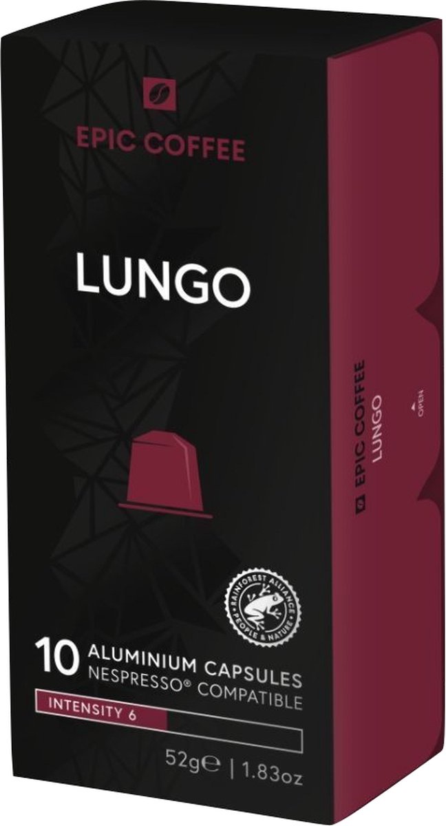 100 Capsules Epic Coffee - Lungo - Nespresso® compatible aluminium capsules - RFA Keurmerk - Doos 100 stuks
