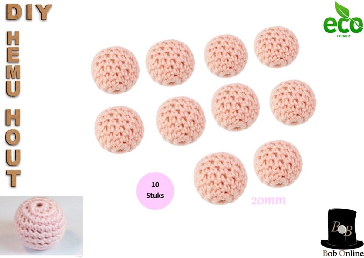 Bob Online ™ – 10 Stuks - 20mm Licht Roze Ronde Gehaakte DIY Houten Kralen met ca. 4mm Gaatje –  Houten Gehaakte Kralen - Rijgkralen – Kralen Rijgen - Hobby Houten Kralen – DIY Gehaakte Hemu Hout Kralen – 20mm Light Pink Hemu Wood Crochet Beads x10