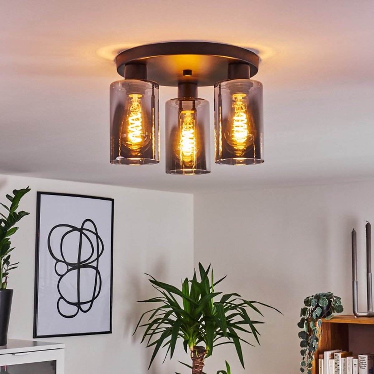 Belanian - 3-delige Cilinder Plafondlamp - Glazen lamp - Industriele lamp - Plafondlamp led - Vintage lamp - Hanglamp - Zwart - designlamp - Smoke lamp