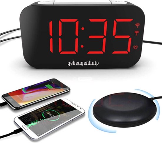 Wekker avec oreiller vibrant (secoueur de lit), double chargeur USB et affichage avec de grands chiffres
