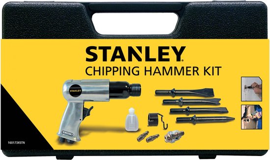 Stanley pneumatische hakhamer set in zwarte koffer met gele opdruk, met hamer en beitels.