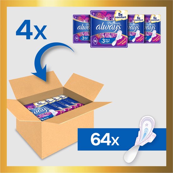 Always Platinum doos met 64 maandverbanden, maat 3, 16 stuks per verpakking. Blauw en paars verpakking met bloemenpatroon.