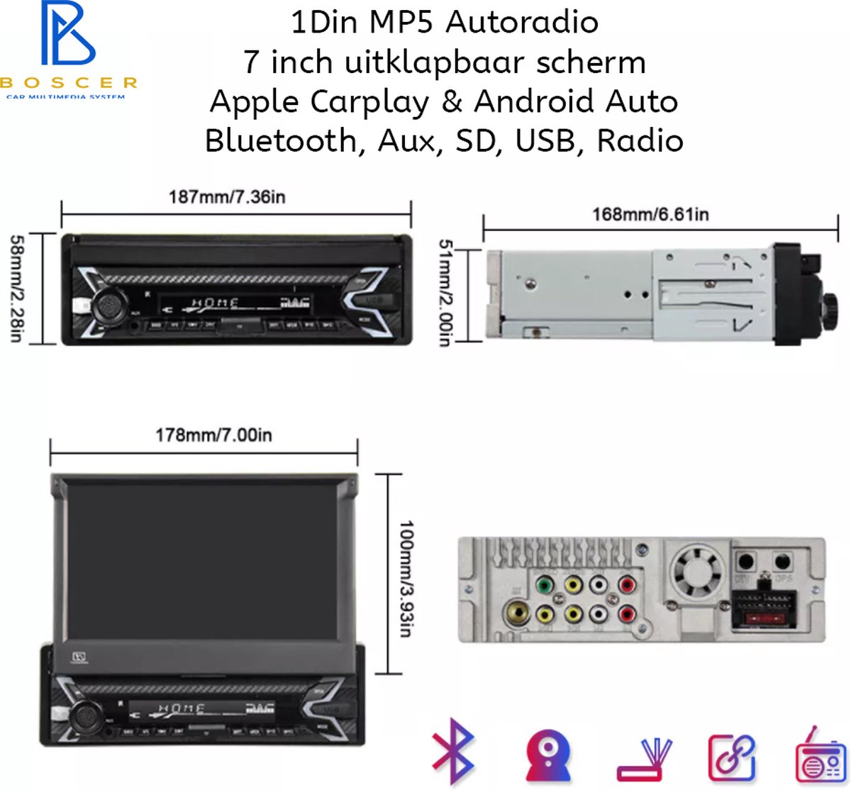 Autoradio Boscer® 1Din, Apple Carplay et Android Auto, Écran pliant  automatique HD