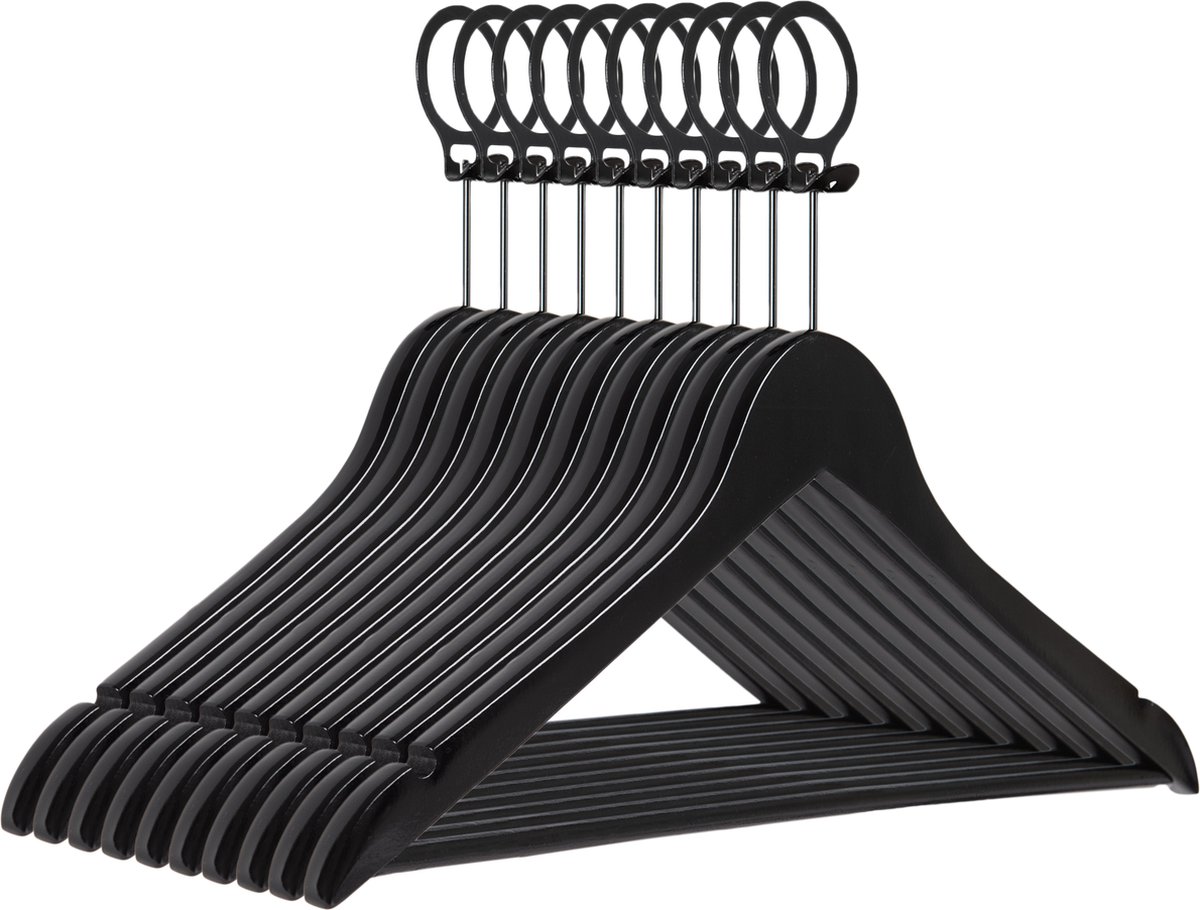 Eleganca luxe kleerhangers 5 stuks- zwart- A kwaliteit behandeld hout - multifunctionele kledinghanger met anti diefstal ring- optimaal voor jassen en mantels