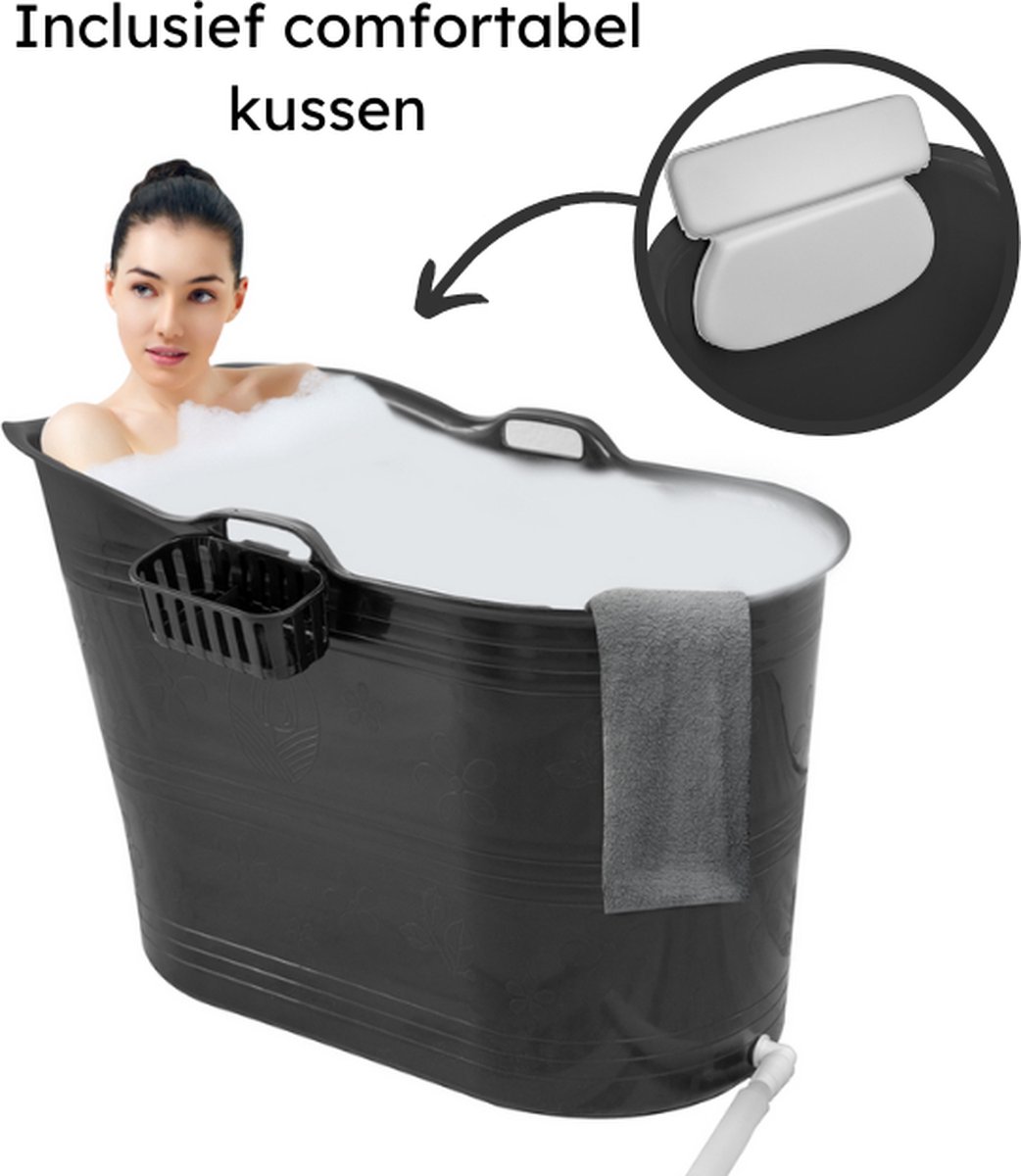 EKEO Zitbad 100CM- 210L - Mobiele badkuip - Bath Bucket - Inclusief kussen - Zwart