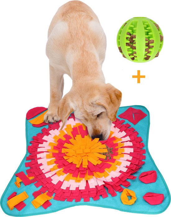 Snuffelmat Hond 70x70cm Inclusief Rubberen Massage Bal voor het Gebit - Speelmat Hond - Denkspel hond - Honden Speelgoed - Anti Schrok Mat - Voedingsbal - Honden Snoepjes