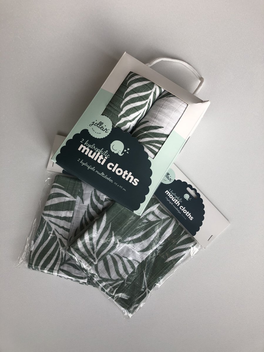 Goedkoopste Jollein hydrofiel swaddle Multidoek set Nature Green - 2x Multidoek - 2x set monddoekjes