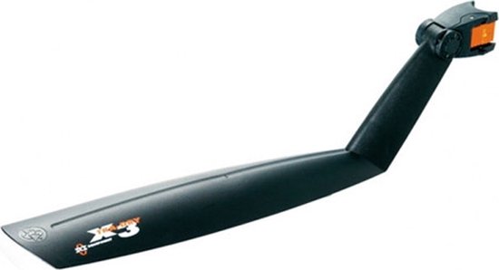 Zwart X-tra Dry spatbord met oranje reflecterende details en X3 logo.