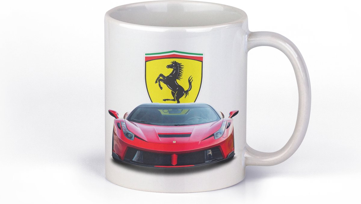 Mok automerken - Ferrari met logo | cadeaumok vader, man, vrouw | met WIT HANDVAT