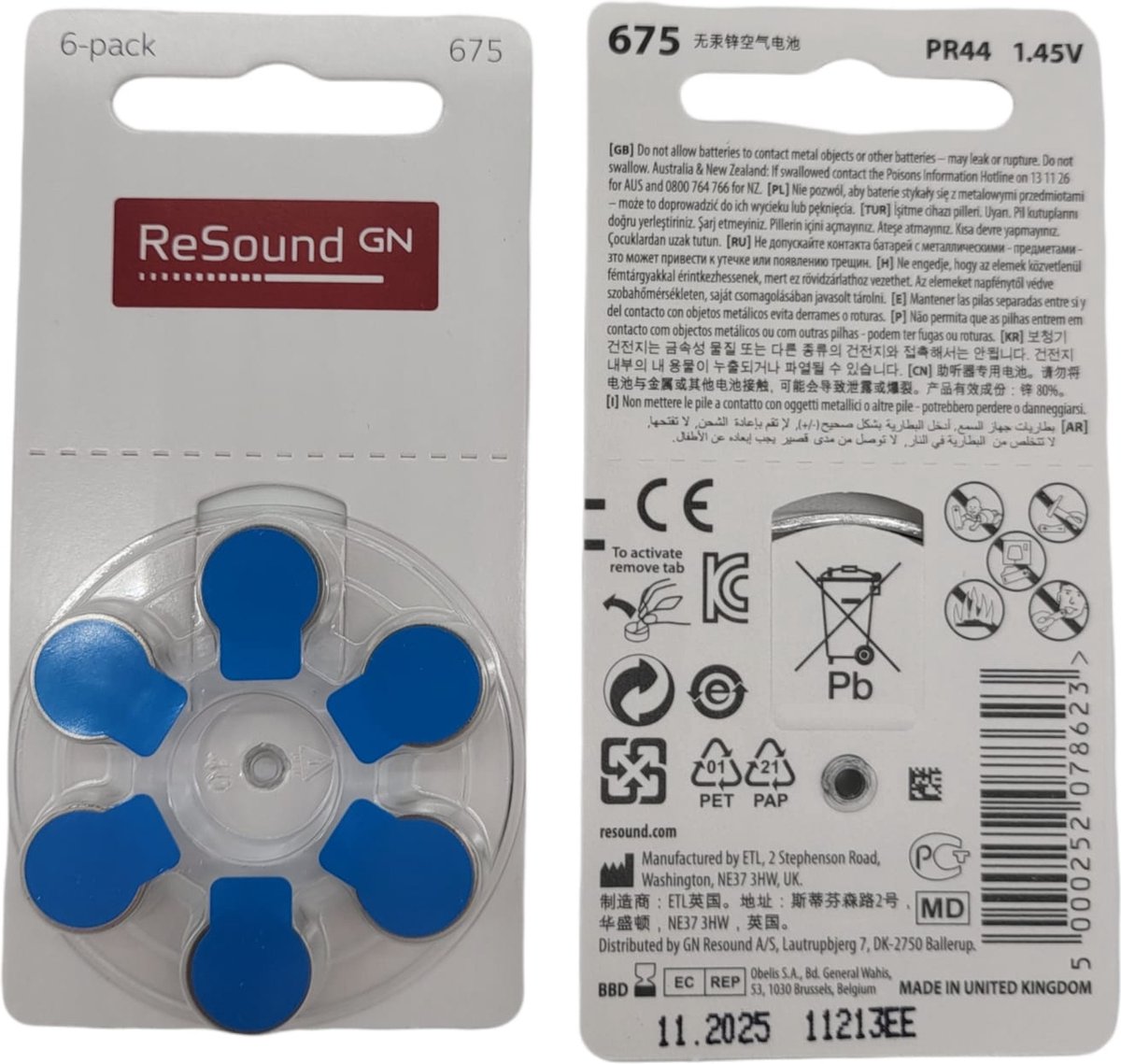 Resound hoortoestel batterijen P675 - blauwe sticker