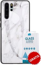 Backcover Marmerlook Hoesje Huawei P30 Pro Wit - Gratis Screen Protector - Telefoonhoesje - Smartphonehoesje