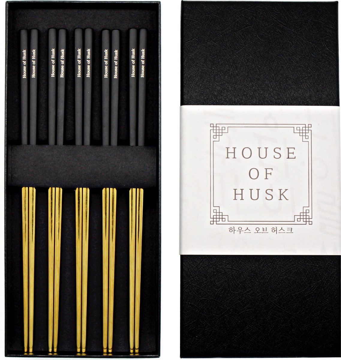 House of Husk Chopsticks Set - Koreaanse Eetstokjes - Vaatwasserbestendig - RVS - 5 Paar - Duo Tone - Zwart Goud - House of Husk