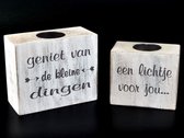 Waxinehouder set  'Geniet van de kleine dingen' en 'Een lichtje voor jou' - 10x12 cm en 7x9 cm - wit