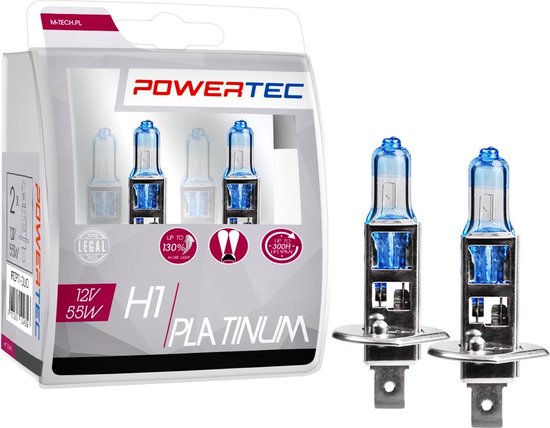 Powertec H1 Platinum koplamp, 12V 55W, met blauwe gloeilamp en metalen voet.