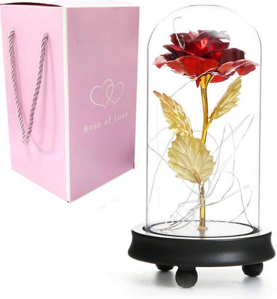 Gouden Roos in glazen stolp met LED - incl Gratis Giftbox - Cadeau voor haar - Valentijn - Moederdag Cadeautje - Decoratie - Liefde