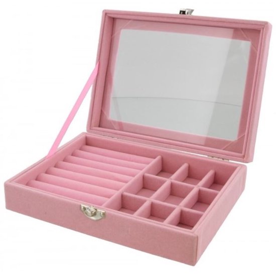 Luxe sieraden box roze fluweel 20x15x4,5cm