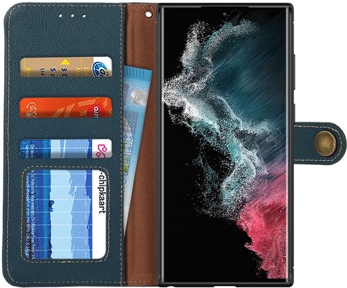 KHAZNEH Hoesje RFID Book Case Echt Leer Groen Geschikt voor Samsung Galaxy S22 Ultra