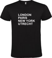 Zwart t-shirt met " London, Paris , New York, Utrecht " print Wit size S