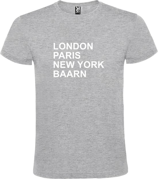 Grijs t-shirt met " London, Paris , New York, Baarn " print Wit size S