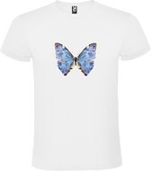 Wit t-shirt met prachtige Blauwe Vlinder met diamant facetten grote print size XL