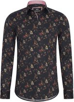 Heren overhemd Lange mouwen - MarshallDenim - Zwart met rood en beige bloemenprint- Slim fit met stretch - maat M